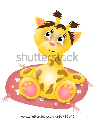 Cute giraffe relaxing on pink pillow