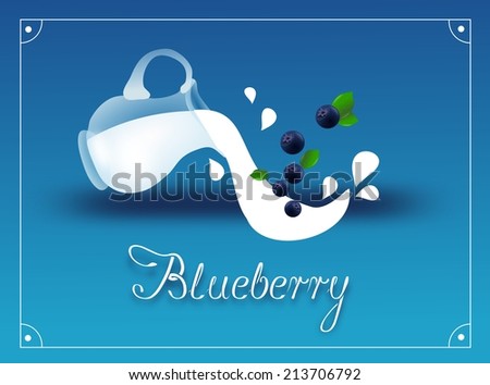 Blue background with glass pitcher with milk and blueberry