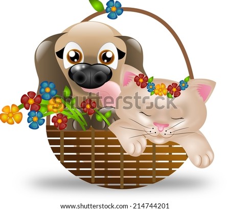 Cute puppy and kitten in basket with spring flowers