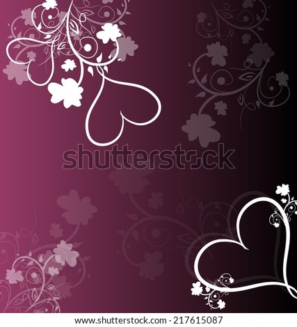 Purple background decorated with hearts and floral ornaments