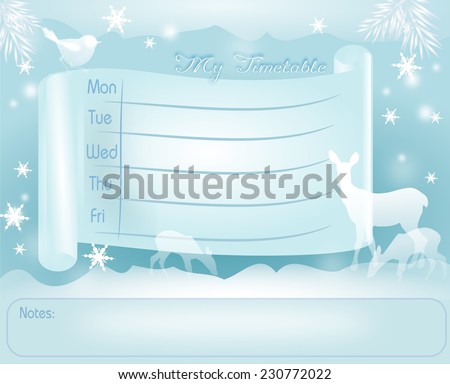 Illustration of winter school timetable with forest animals
