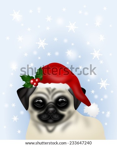 Illustration of pug dog with santa\'s hat