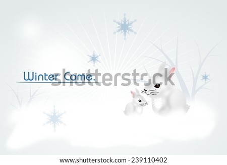 Winter background with two small white rabbits and text Winter Come
