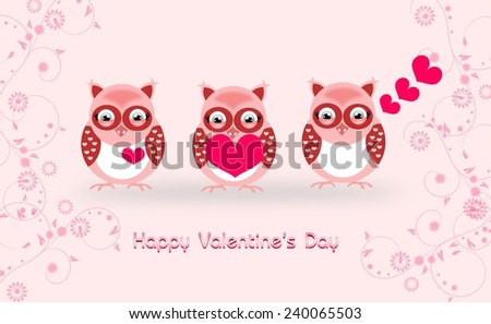 Pink valentine\'s card with three owls and text Happy Valentine\'s Day