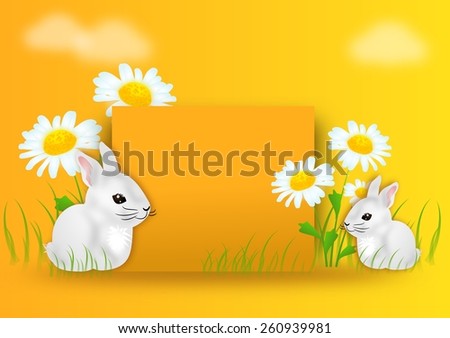 Sunny yellow background with daisy flowers and white rabbits
