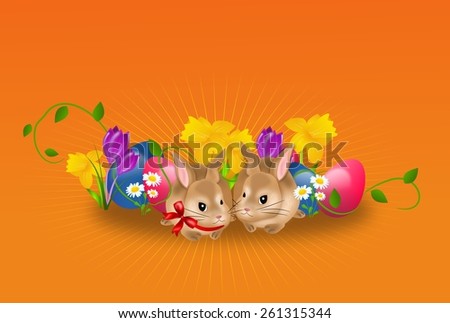 Illustration of cute easter rabbits with easter eggs and flowers on orange background