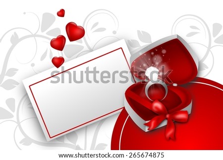 Diamond ring in gifting box with label and small hearts