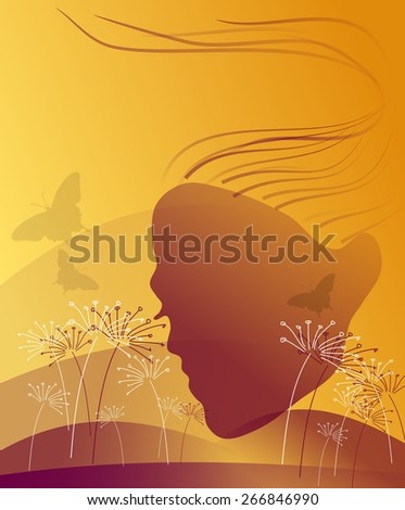 Yellow background with woman side face and flowers
