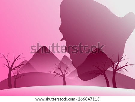 Light pink background with woman side face and mountains