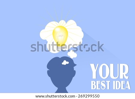 Light blue background with man head silhouette with light bulb and white cloud
