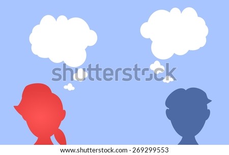 Illustration of woman and man silhouette with white thinking clouds
