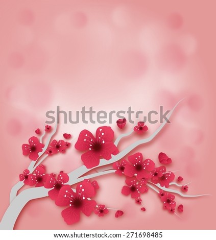 Illustration of twig of tree with dark pink blossom on pink background