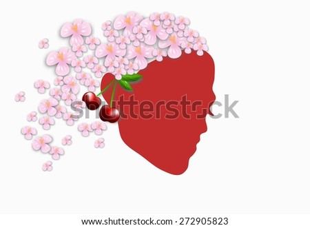 Illustration of woman side face with cherry on ear and blossoms in hair