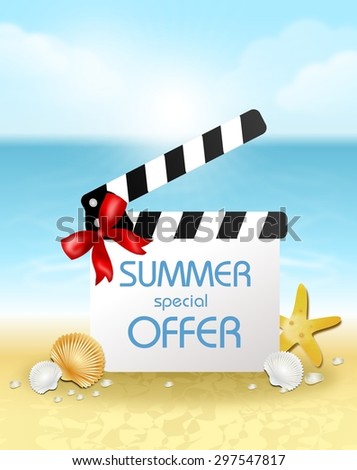 Illustration of film clip with text Summer special offer and sea on the background