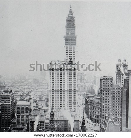 NEW YORK - 1912: Reproduction of photography of construction of Woolworth Building, one of the oldest skyscrapers in New York, the world\'s highest building back then, photographed in New York, 1912