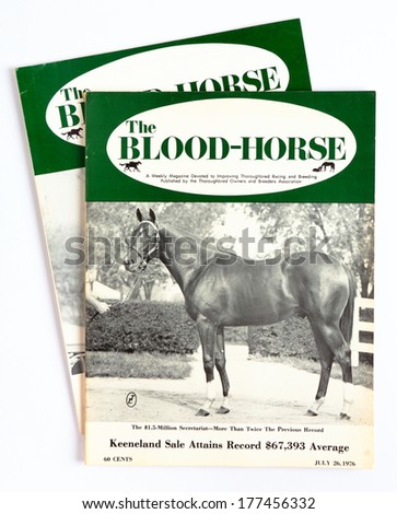 MALESICE, CZECH REPUBLIC - FEBRUARY 14, 2014: Vintage US Magazine The Blood-Horse, issue July 26, 1976, on cover Canadian Bond sired by Secretariat, sold for $ 1,5 million.