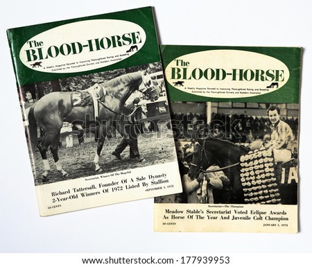 MALESICE, CZECH REPUBLIC - FEBRUARY 14, 2014: Vintage US Magazine The Blood-Horse, issue September 4, 1972 and January 1, 1973 on both covers famous US thoroughbred Secretariat.