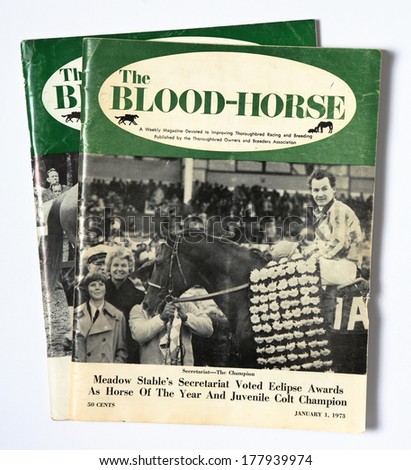 MALESICE, CZECH REPUBLIC - FEBRUARY 14, 2014: Vintage US Magazine The Blood-Horse, issue January 1, 1973, on cover famous US thoroughbred Secretariat.
