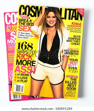 PRAGUE, CZECH REPUBLIC - MARCH 10, 2014: stack of US edition of magazine Cosmopolitan, on top issue March 2014 with Khloe Kardashian on cover, on display in Prague, Czech republic in March 2014