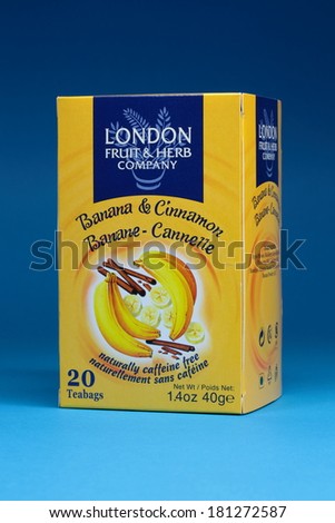 MALESICE, CZECH REPUBLIC - FEBRUARY 25, 2014: Pack of London Fruit and Herb Tea, Banana and Cinnamon flavor.