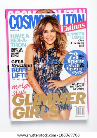 MALESICE, CZECH REPUBLIC - April 13, 2014: stack of magazine Cosmopolitan, on top issue Winter 2013 for Latinas with Jennifer Lopez on cover, on display in Malesice, Czech republic in April 13, 2014