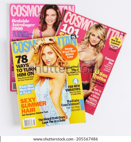PRAGUE, CZECH REPUBLIC - June 14, 2014: stack of US edition of magazine Cosmopolitan, on top issue June 2011 with Cameron Diaz on cover, on display in Prague, Czech republic in June 2014