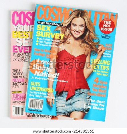 MALESICE, CZECH REPUBLIC - JUNE 14, 2014: stack of US edition of magazine Cosmopolitan on top issue August 2005 with Kate Hudson on cover, on display in Malesice, Czech republic in June 2014
