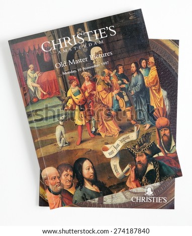 MALESICE, CZECH REPUBLIC - APRIL 30, 2015: Stack of Christies auction catalogue. Christies is the fine art auction house, currently the worlds largest.