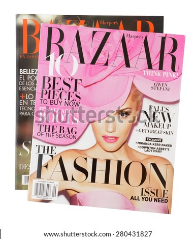 MALESICE, CZECH REPUBLIC - MAY 21, 2015: Stack of magazines Harpers Bazaar, on top issue September 2012 with Gwen Stefani on cover on display in Malesice, Czech republic in May 2015.