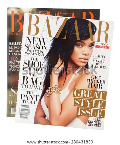 MALESICE, CZECH REPUBLIC - MAY 21, 2015: Stack of magazines Harpers Bazaar, on top issue August 2012 with Rihanna on cover on display in Malesice, Czech republic in May 2015.