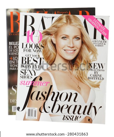 MALESICE, CZECH REPUBLIC - MAY 21, 2015: Stack of magazines Harpers Bazaar, on top issue May 2013 with Gwyneth Paltrow on cover on display in Malesice, Czech republic in May 2015.