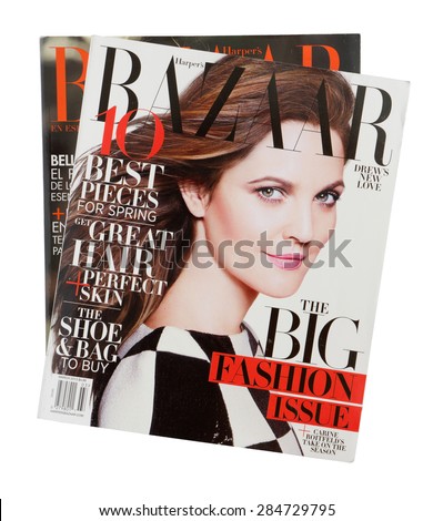 MALESICE, CZECH REPUBLIC - MAY 31, 2015: Stack of magazine Harpers Bazaar, on top issue March 2013 with Drew Barrymore on cover on display in Malesice, Czech republic in May 2015.