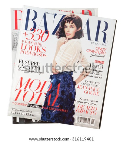 MALESICE, CZECH REPUBLIC - SEPTEMBER 13, 2015: Stack of magazines Harpers Bazaar, on top issue September 2011 with Cindy Crawford on cover on display in Malesice, Czech republic in September 2015.