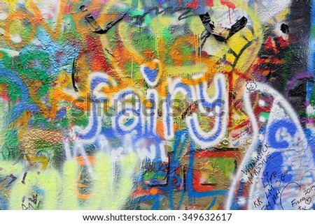 PRAGUE, CZECH REPUBLIC - DECEMBER 10: The Lennon Wall since the 1980s is filled with John Lennon-inspired graffiti and pieces of lyrics from Beatles songs on Dec 10, 2015 in Prague, Czech Republic