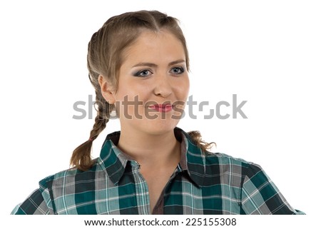 Photo of young farmer woman on white background