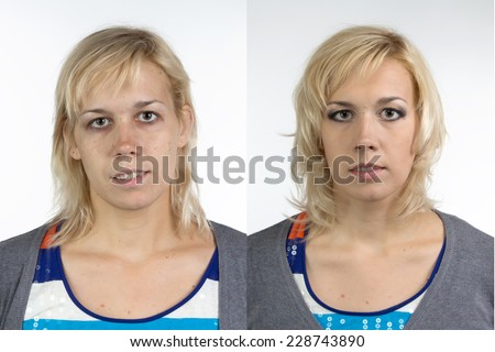 Portrait of woman before and after make up - isolated photo