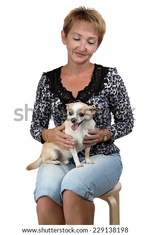 Photo of the sitting old woman with the dog on white background