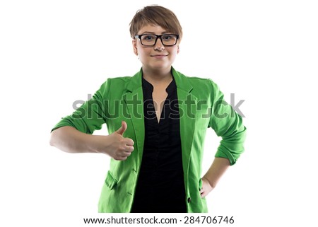 Photo of happy woman in green jacket on white background