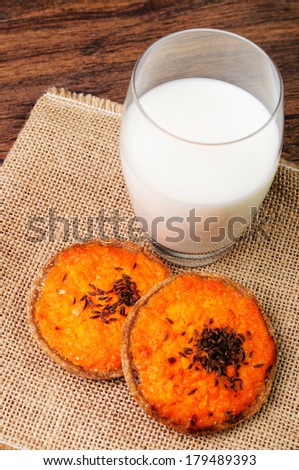 Two carrot pies and a glass of milk