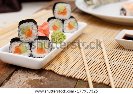 Bamboo mat and sushi on a plate