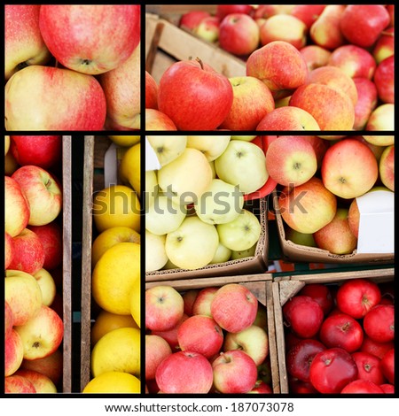 Four market photos of apples in crates