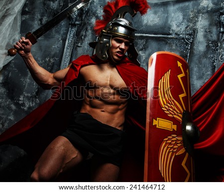 Roman warrior with muscular body fights