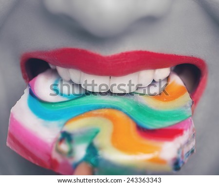 Picture of candy, lips and white teeth