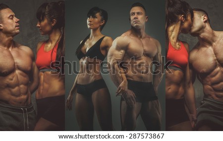 Three images of male and female bodybuilders couple. Isolated on dark background