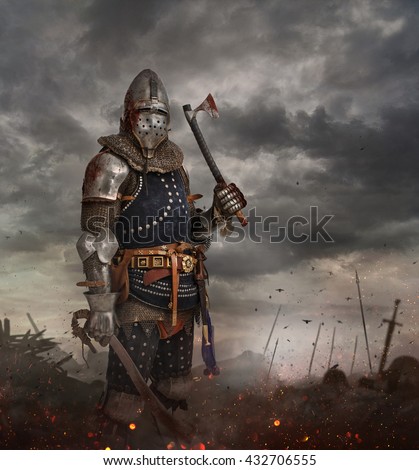 Knight with sword in battlefield with dark clouds on background.