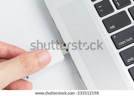 USB flash drive connect to computer on white background