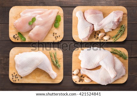 Set raw chicken on cutting board on the wooden background.