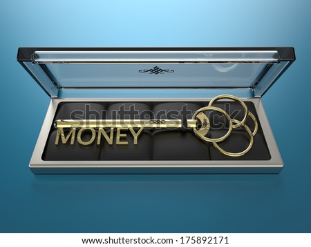 A gold key with the word money