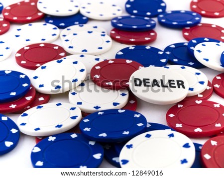Red White and Blue Poker Chips and Dealer on White Background