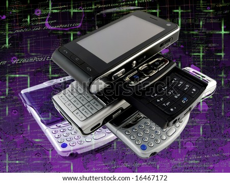 Stack of Several Modern Mobile Phones on Purple Programming Code Background